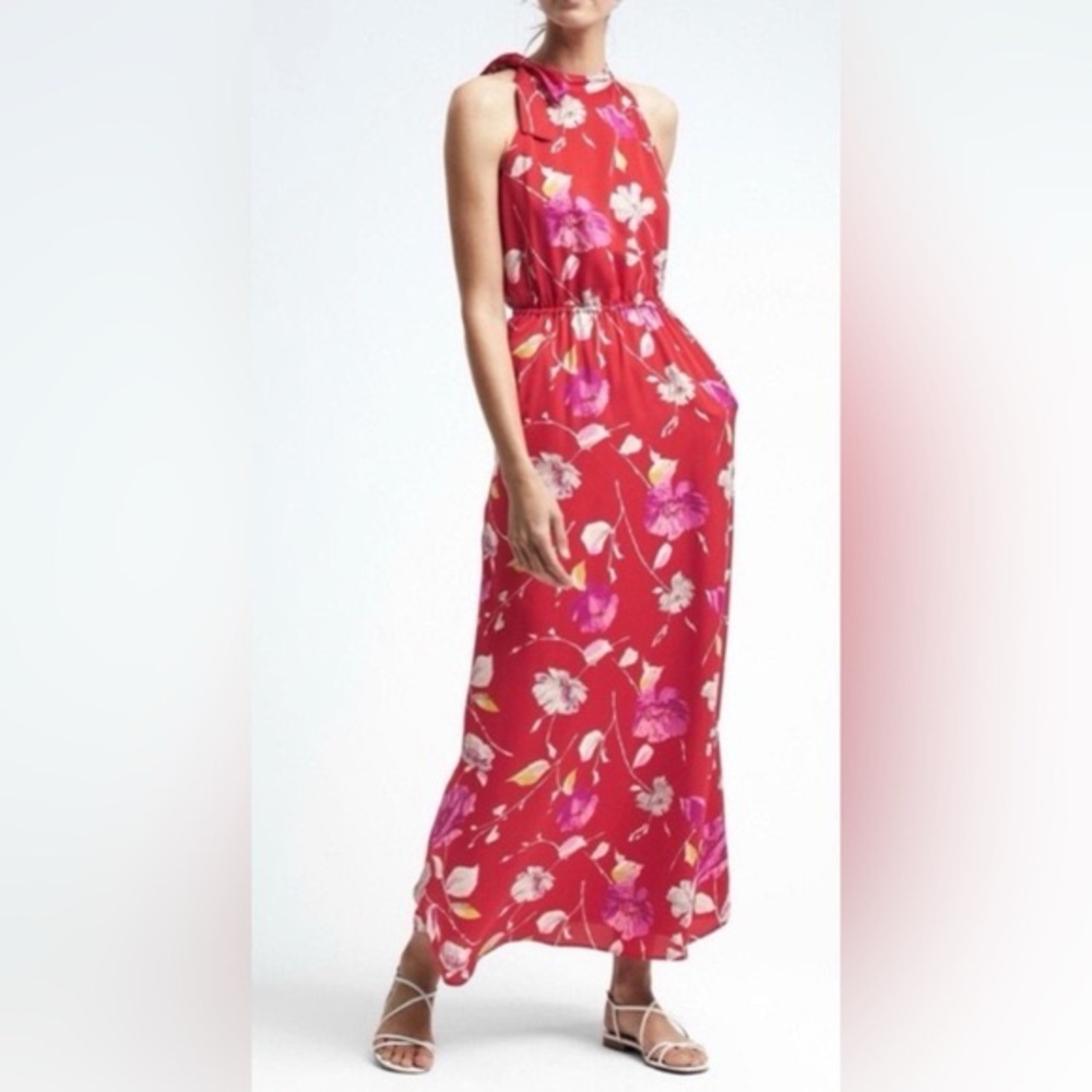 Banana Republic Red Floral Maxi Dress with Tie Neck Halter